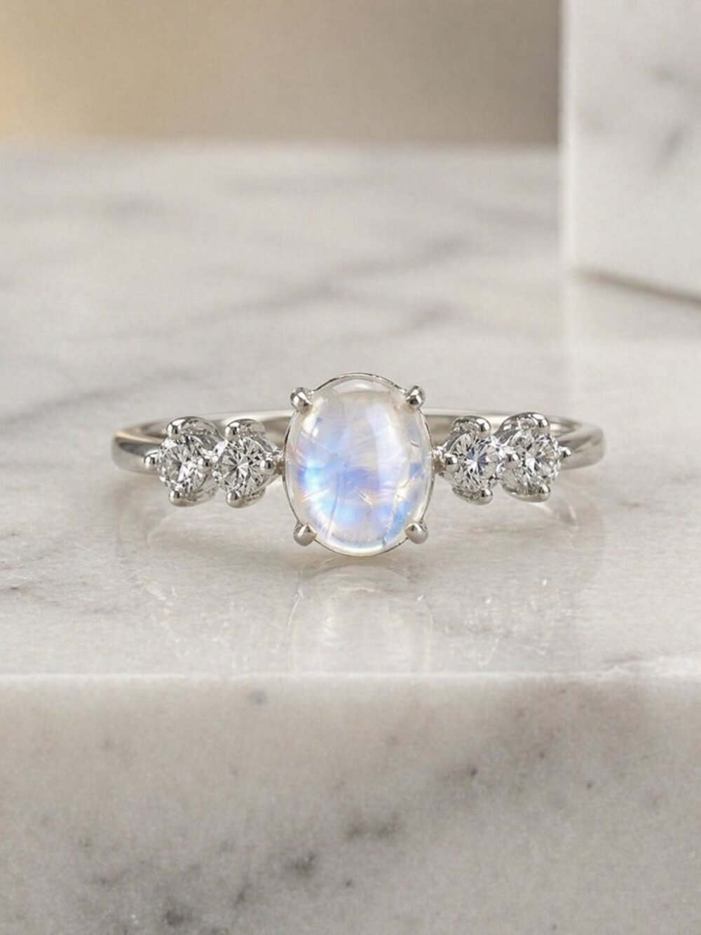 Celestial Dainty 925 Silver Genuine Moonstone CZ Minimalist Ring Size 7 - Picture 15 of 15